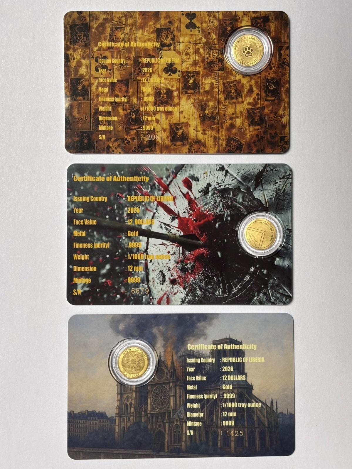 Lot of 3 – 1/1000th oz Gold Rounds Mix ~ Poker Dogs, Spartan, Paris ~