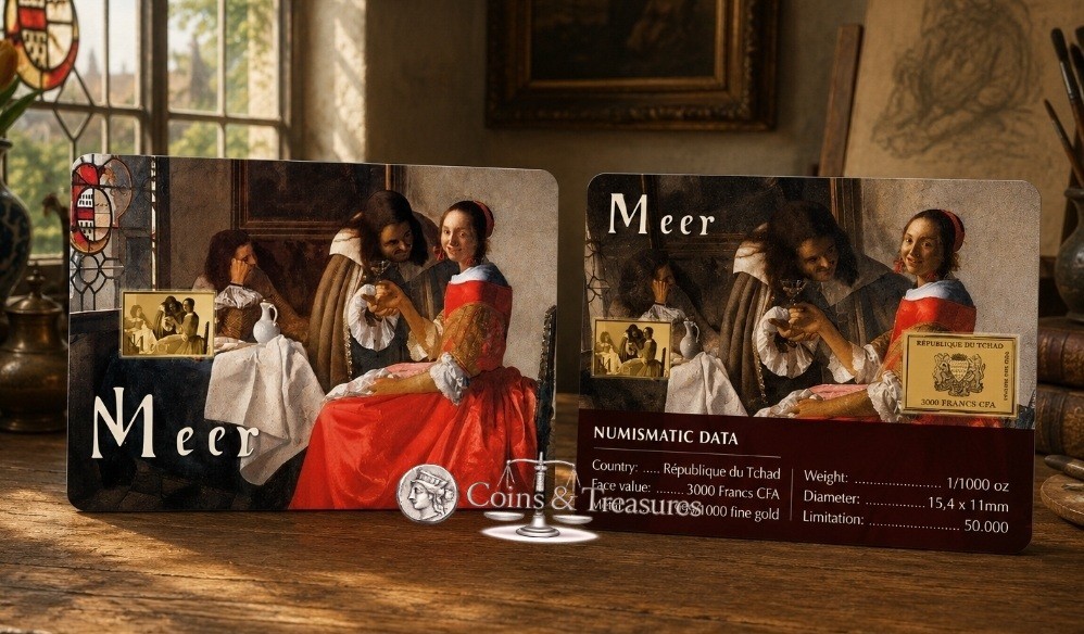 Vermeer Girl with a Wineglass 1/1000 Oz 24k Gold Coin 999 card Chad 2024
