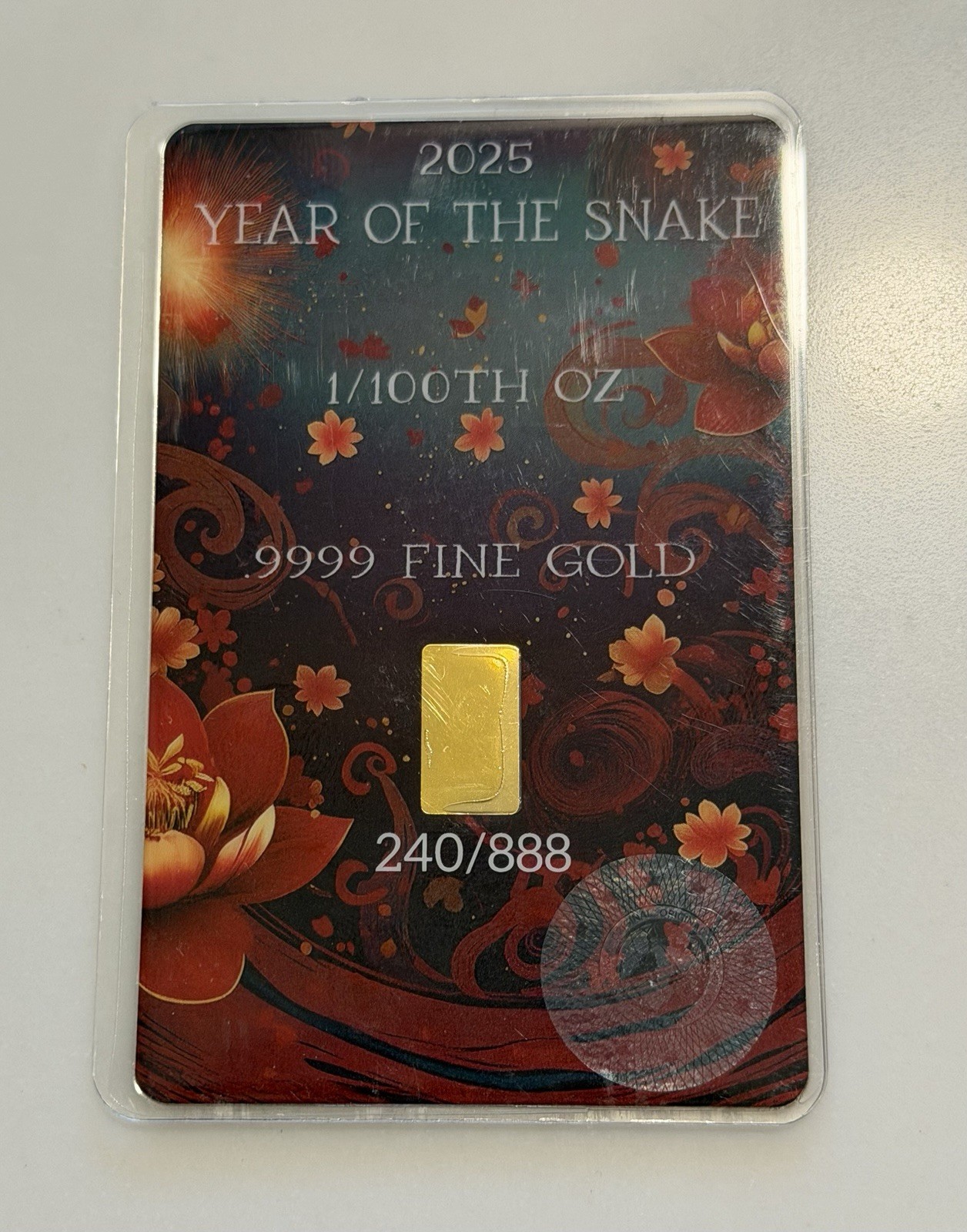 2025 Scottsdale Mint Lunar Year of the Snake 1/100oz 9999 Gold Bar Carded