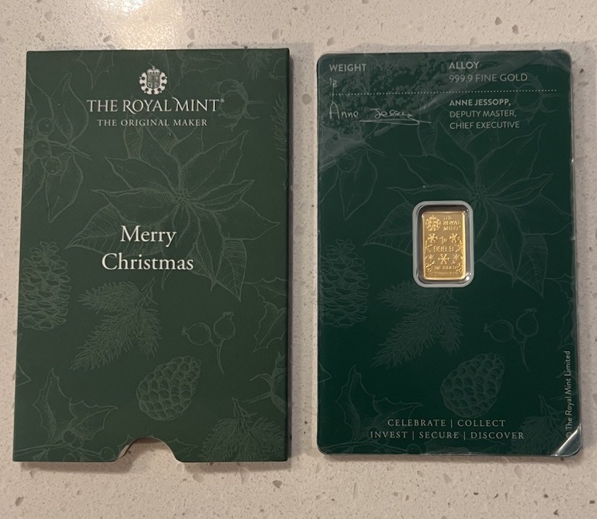 RARE Royal Mint Merry Christmas 1g Gold Bar in Assay and OGP Cover