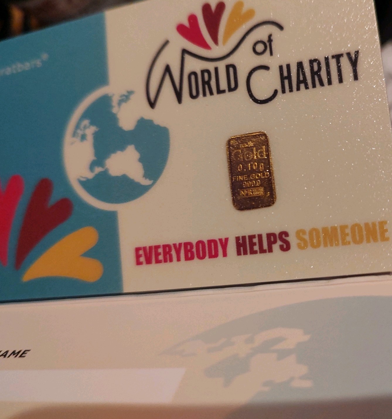 Karetbar .999 Fine Gold 0.10gram Sealed Bar World Charity Everyone Helps Someone