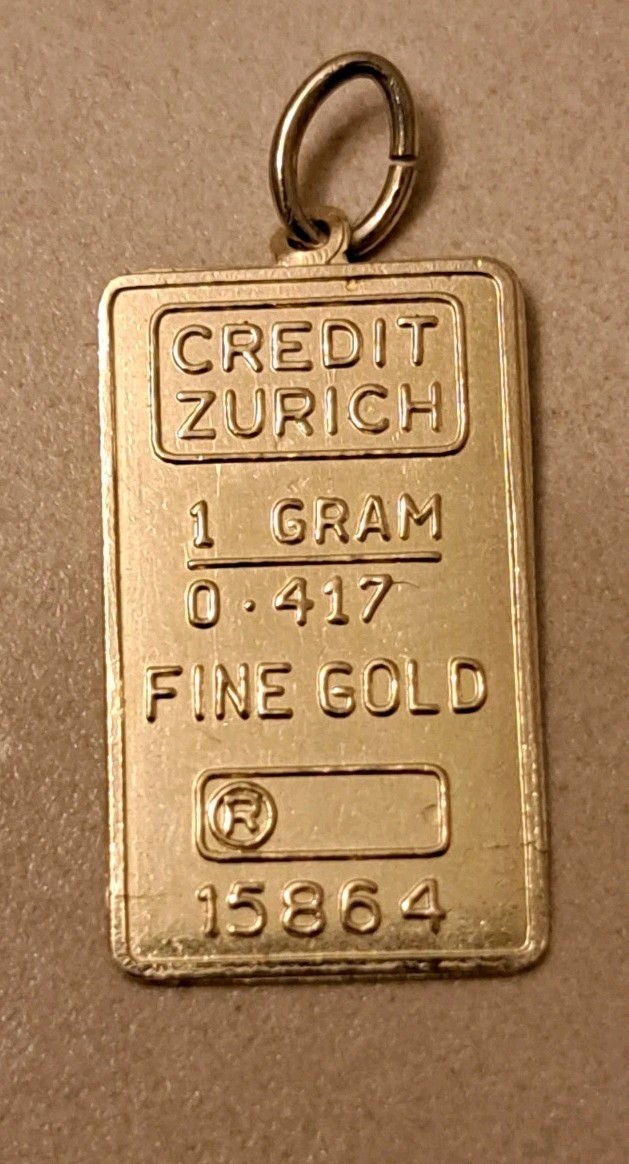 SOLID FINE 10K GOLD .416 BAR 1 GRAM INGOT CREDIT ZURICH PENDANT CHARM #15864