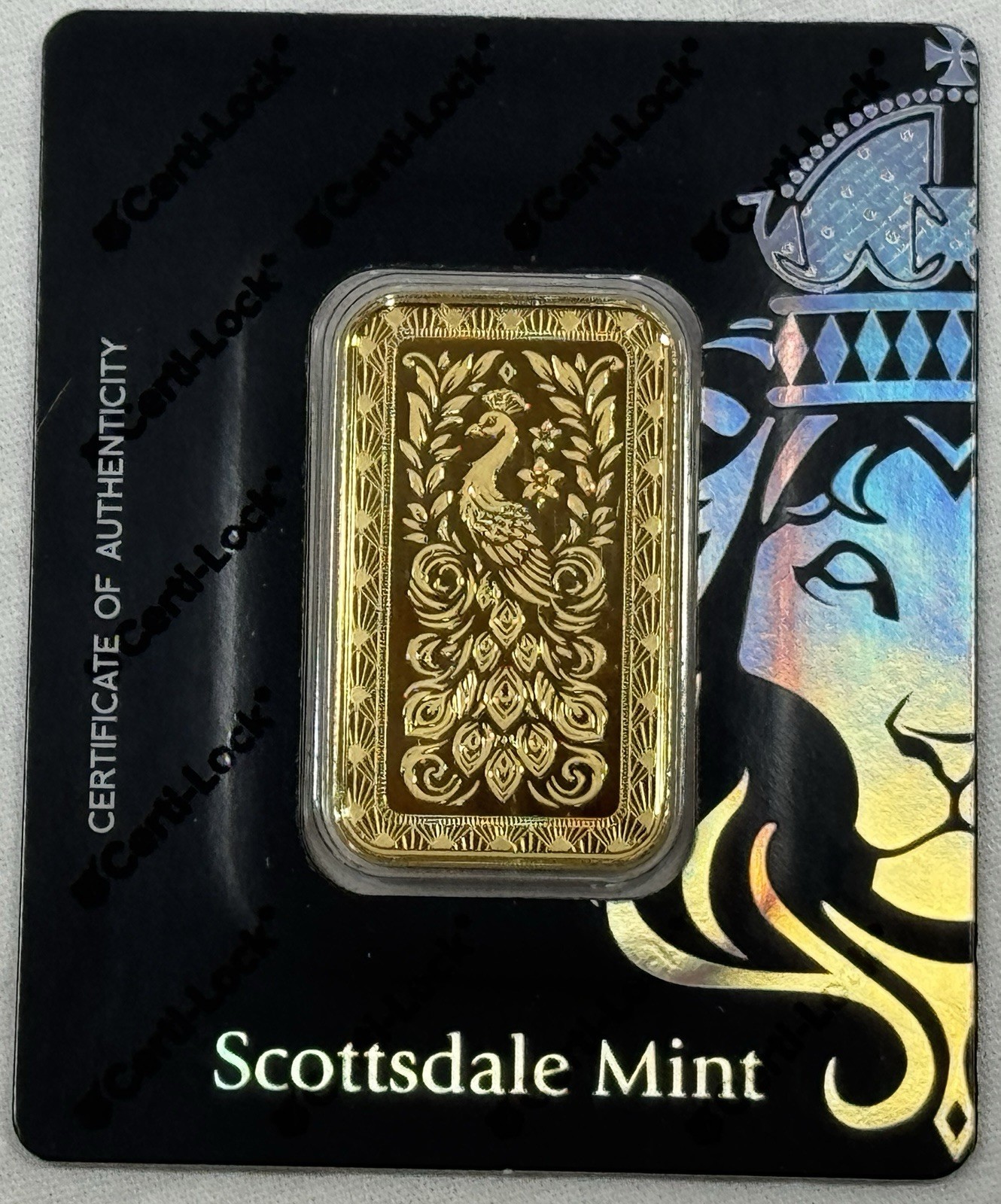 1 oz .9999 Gold Bar Scottsdale Marquee Peacock Gold Bar in Certi-Lock Assay