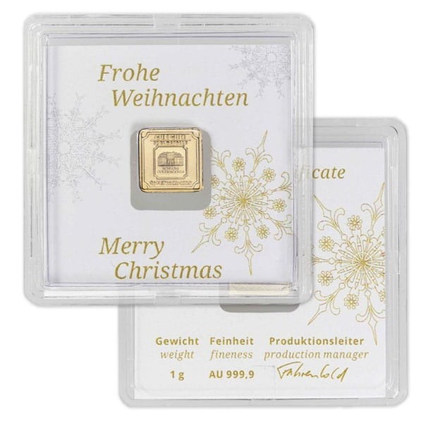 Geiger GOLD Bar – 1 Gram .9999 Pure, in Merry Christmas Assay holiday gift