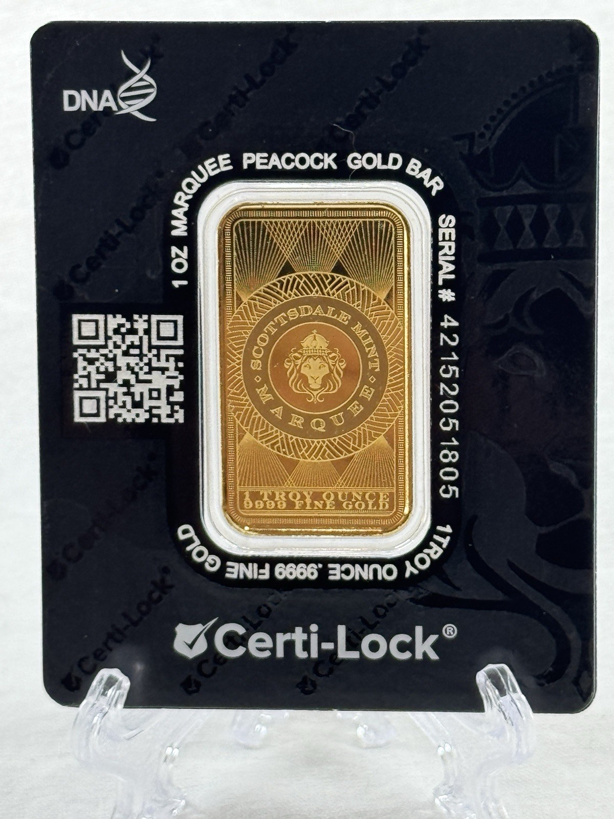 1 oz .9999 Gold Bar Scottsdale Marquee Peacock Gold Bar in Certi-Lock Assay
