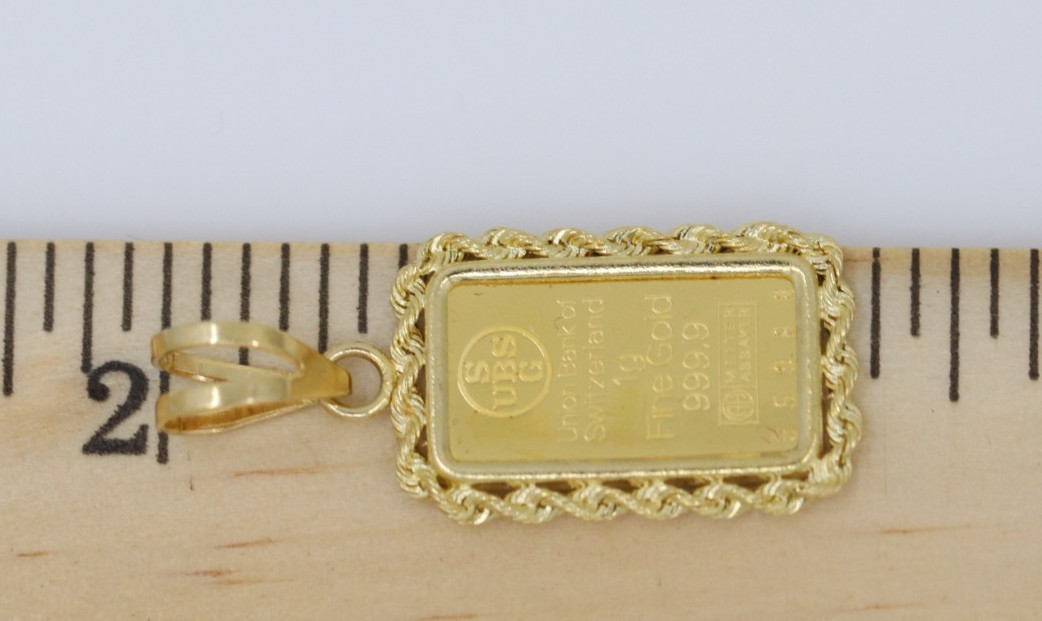 Union Bank of Switzerland 1g 999.9 Fine Gold #95988 Bar in 14k Pendant w/ COA