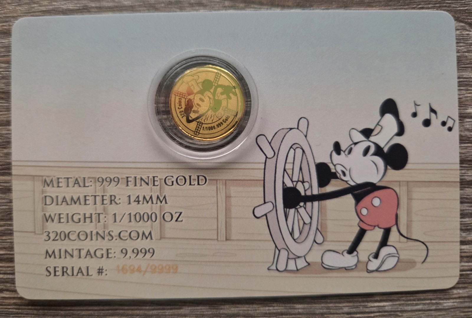 Steamboat Willie Mickey Mouse Gold 1/1000 Oz 999 Fine Round in Card
