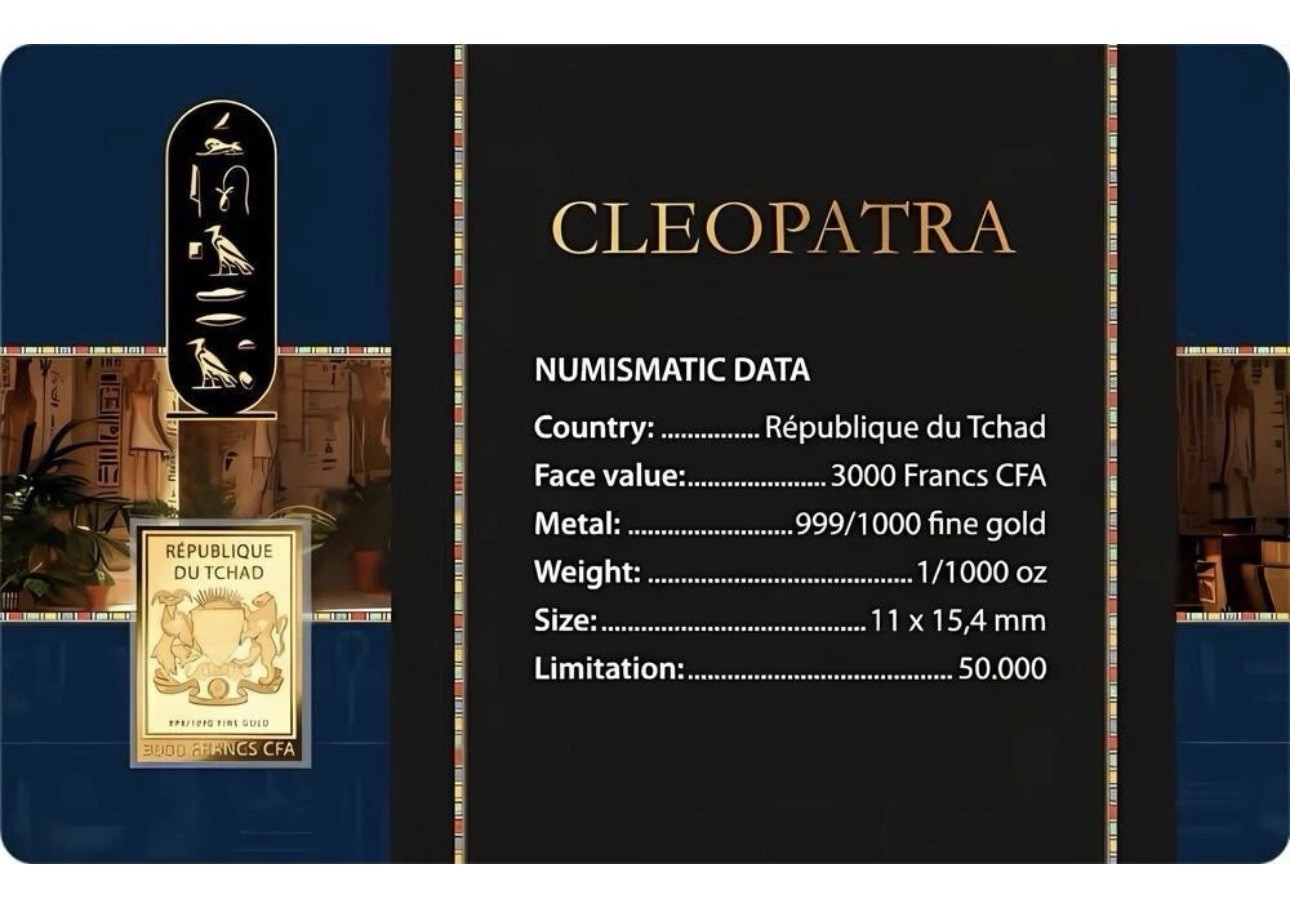 CLEOPATRA 1/1000 Oz .999 Gold in Coin card 3000 Francs Chad 2024