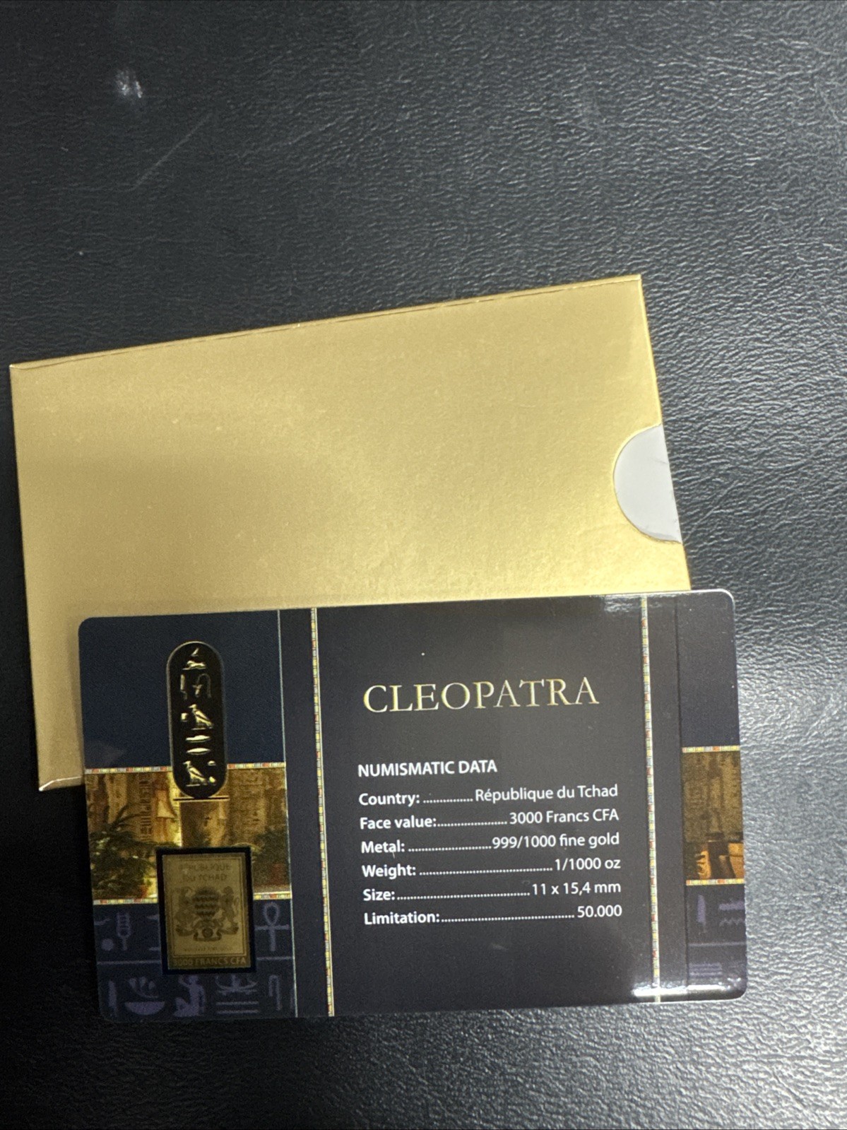 CLEOPATRA 1/1000 Oz .999 Gold in Coin card 3000 Francs Chad 2024