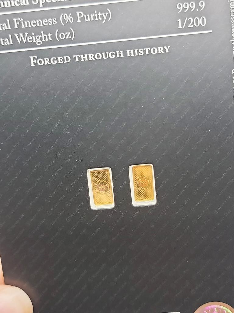 Wessex Mint Gold Bars, 2 x 1/200 999.9 Fine Gold, Eagle, Carded
