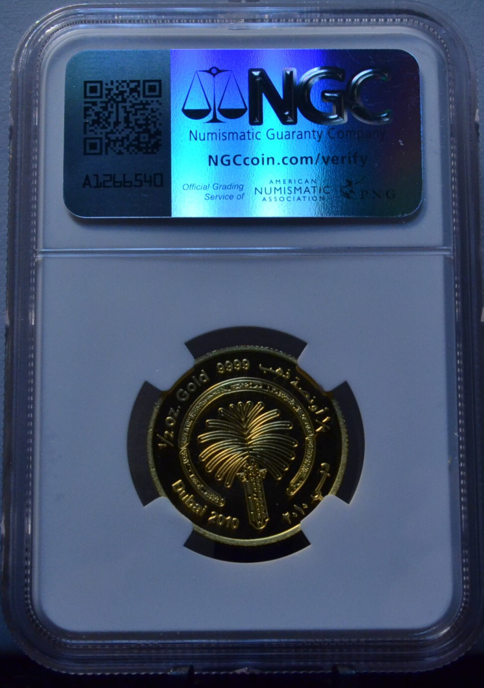 2010 U.A.E SHEIKH RASHID AL MAKTOUM NGC PF65 UCAM 1/2 OZ .999 GOLD MEDAL DUBAI