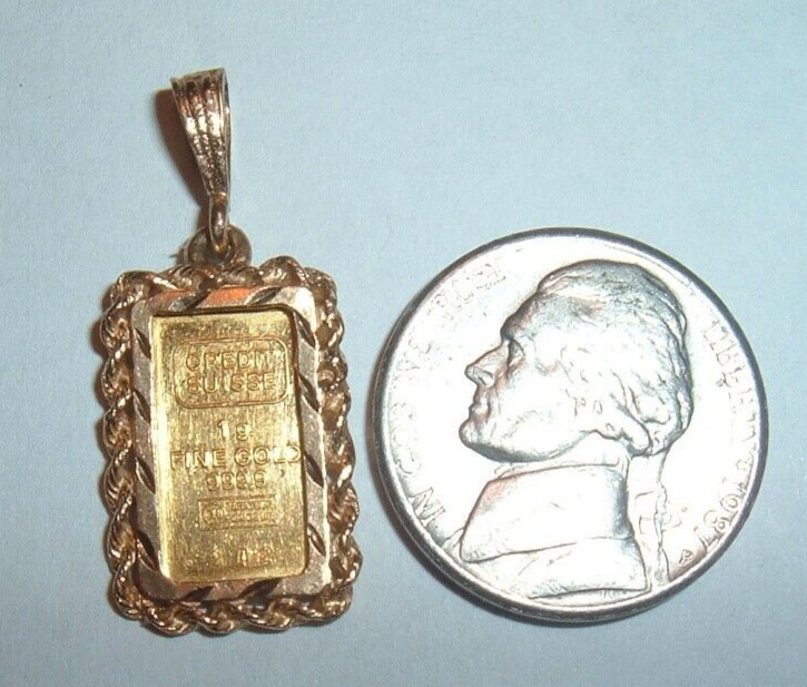 24K GOLD Credit Suisse 999.9 FINE INGOT BAR 14K ROPE BEZEL PENDANT CHAIN 2.73g