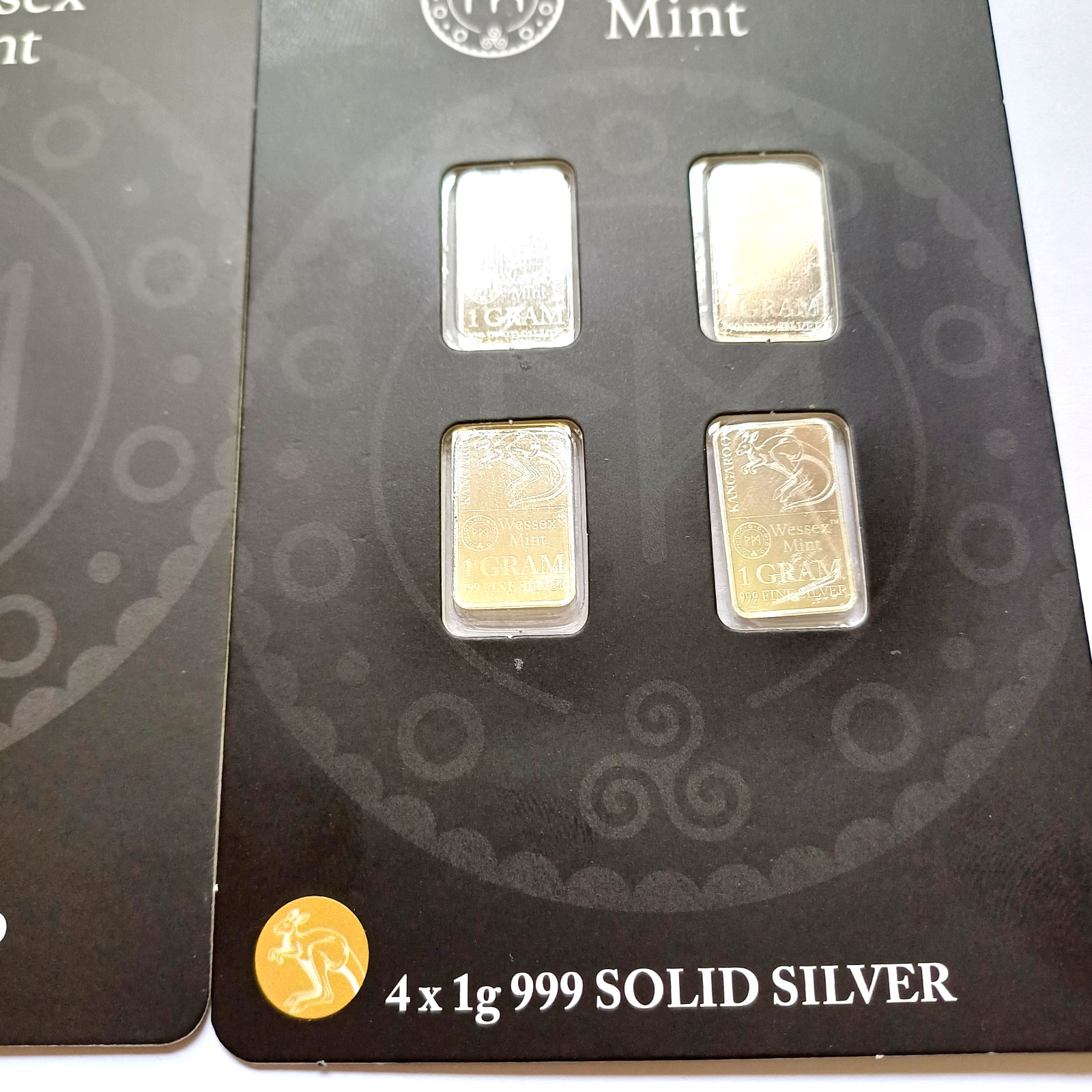 New Wessex Mint 1/200th oz Britannia Gold .999 Bar & Kangaroo x 4 1g Silver Bars