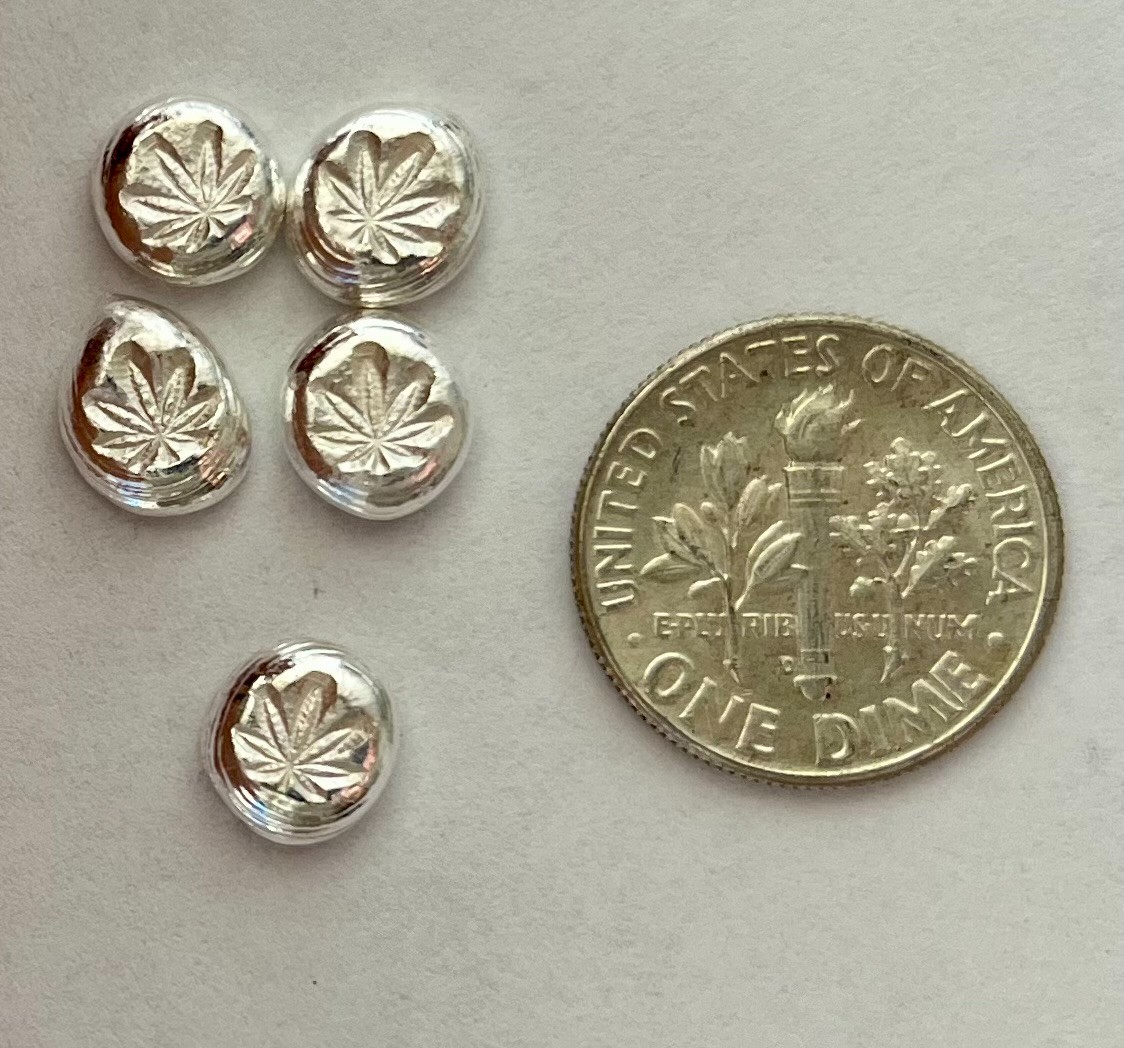 Pot leaf 1.00 g GOLD .9999 hand poured bar + 1 gram silver bar 999