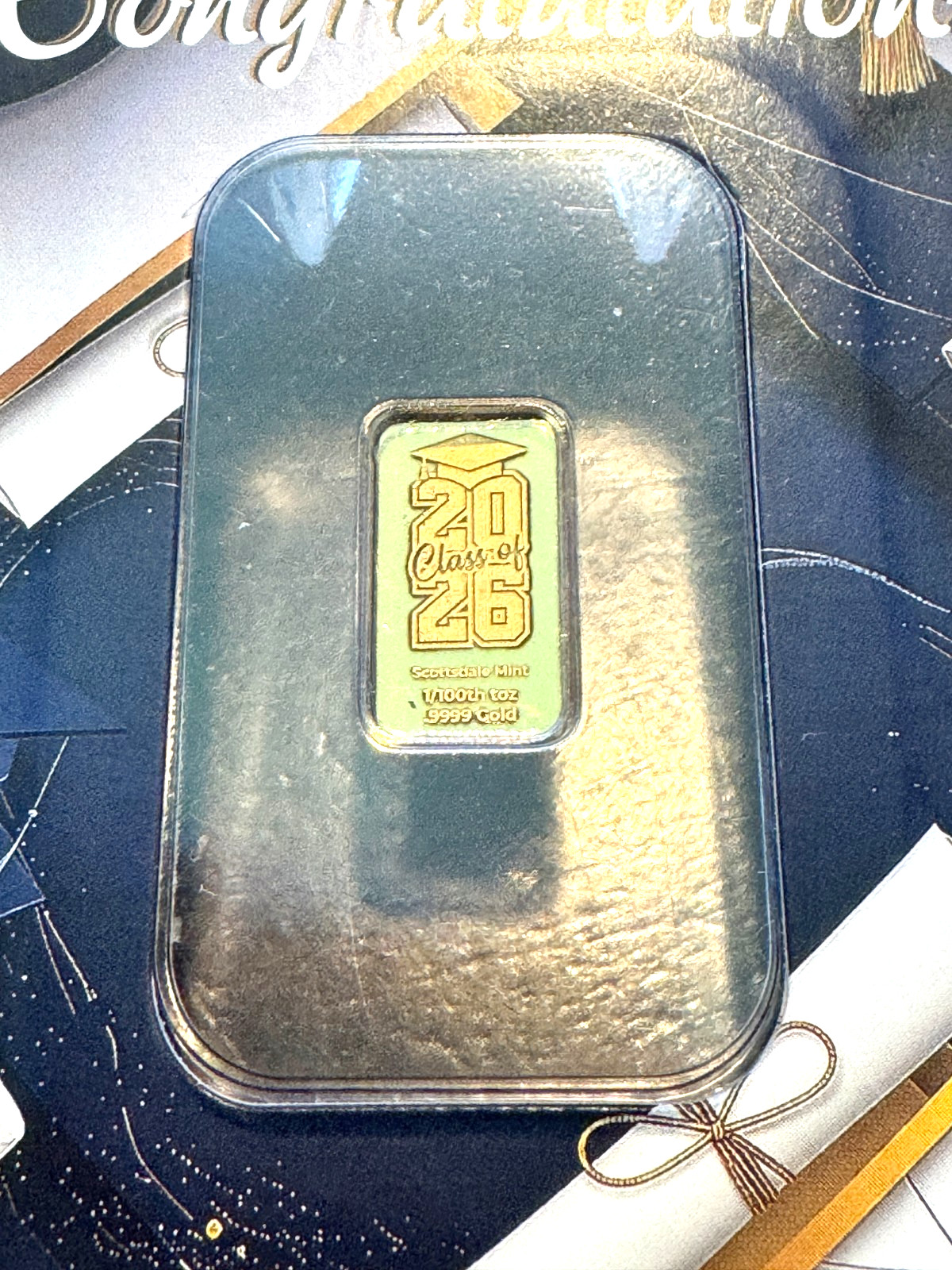 Scottsdale Mint Congrats 2026 Graduation 1/100 oz .9999 Gold Bar Certi-Lock Card
