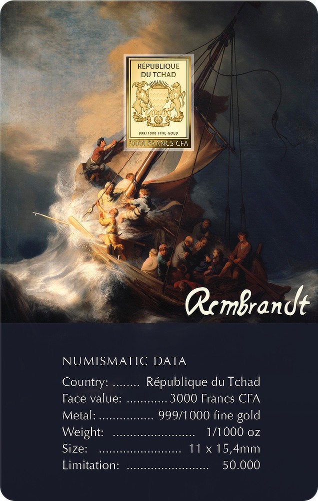 The Storm on Galilee By Rembrandt 1/1000 Oz 999 Gold Coin Bar 3000 Francs Chad