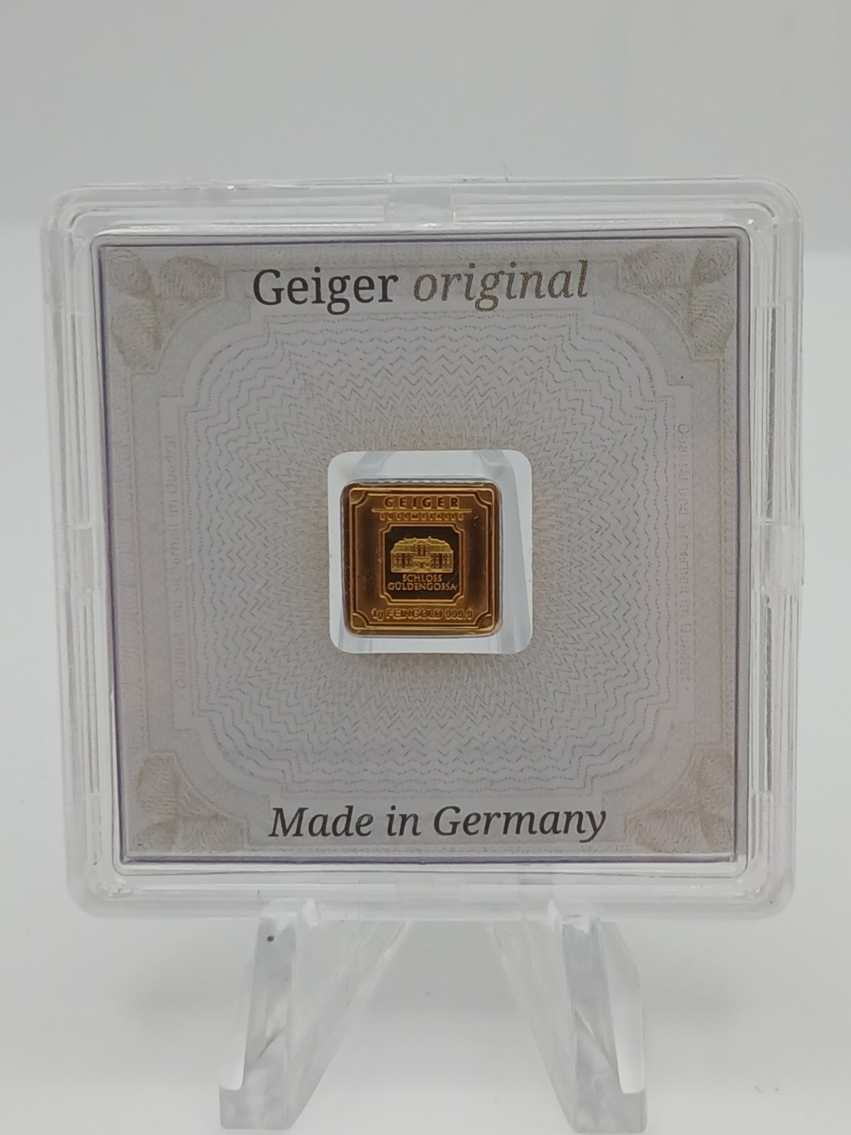 Geiger Edelmetalle Schloss Güldengossa 1g .9999 Gold Square Bar in Assay