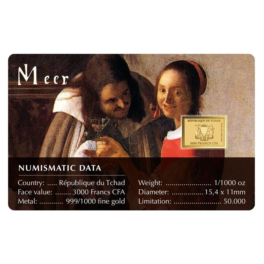 Vermeer Girl with a Wineglass 1/1000 Oz 24k Gold Coin 999 card Chad 2024