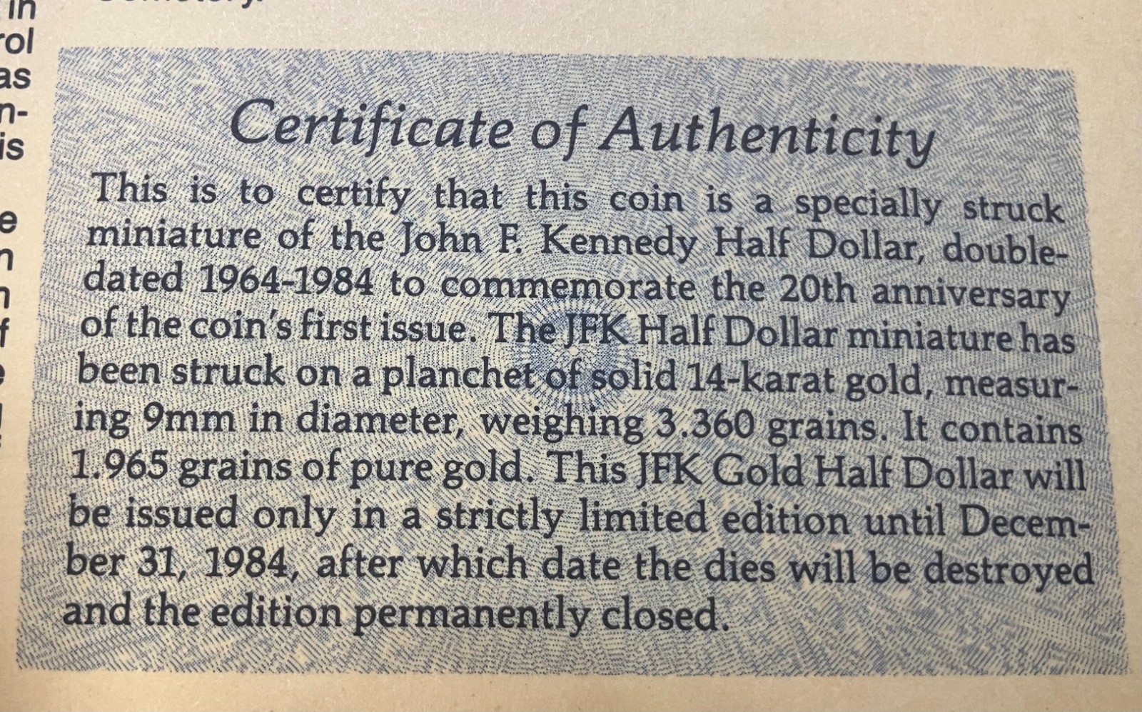 JFK 20th Anniversary Tribute, 14K GOLD Miniature Half Dollar & COA, 1964 – 1984