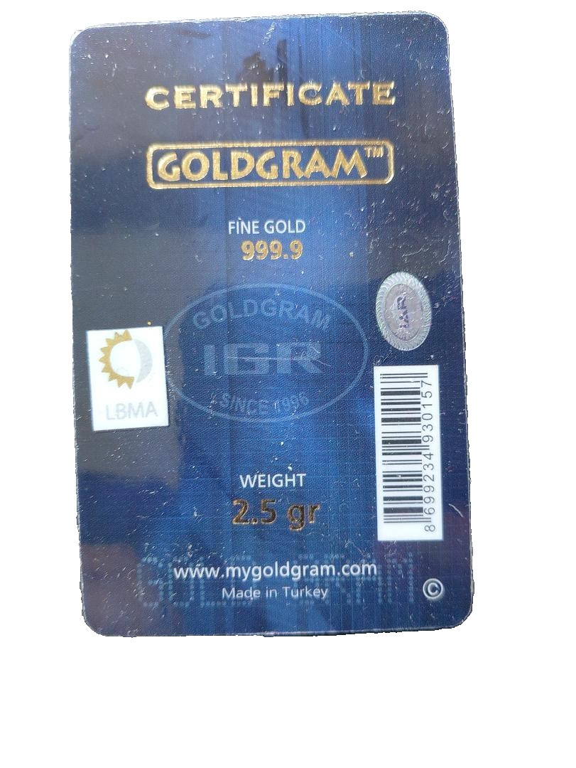 IGR 2.5 GRAM 999.9 FINE “ISTANBUL GOLD REFINERY” GOLD BAR SEALED ASSAY GOLDGRAM