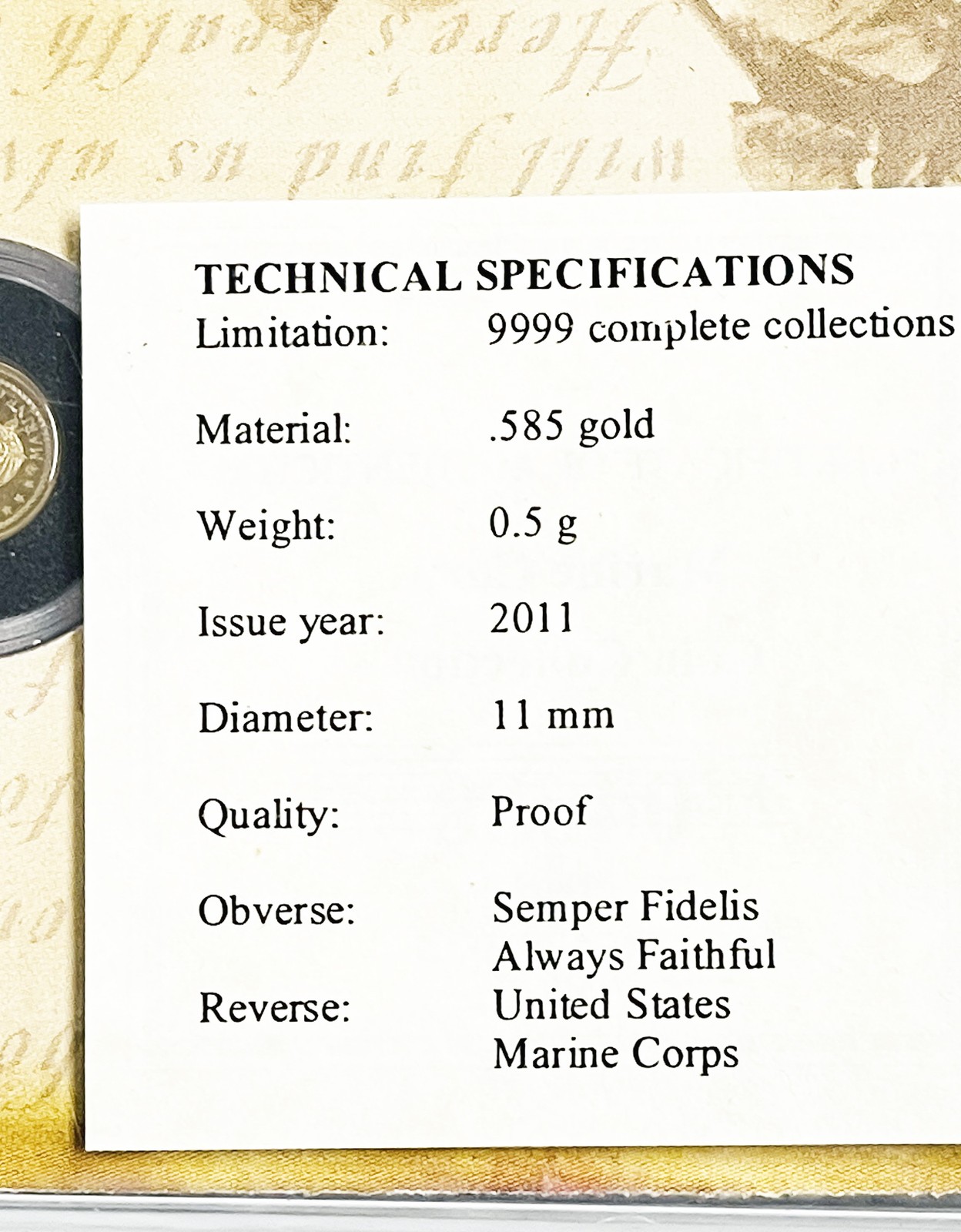 2011 US Marine Corps Semper Fidelis Proof 0.5g .585 Gold Coin American Mint Ltd