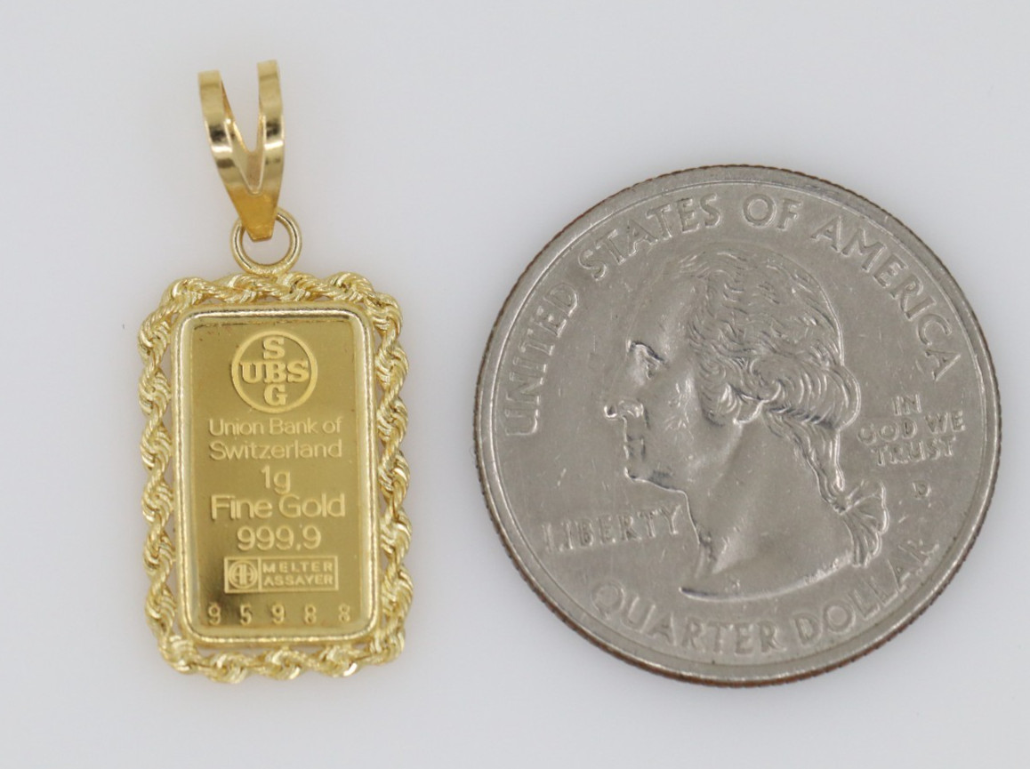Union Bank of Switzerland 1g 999.9 Fine Gold #95988 Bar in 14k Pendant w/ COA