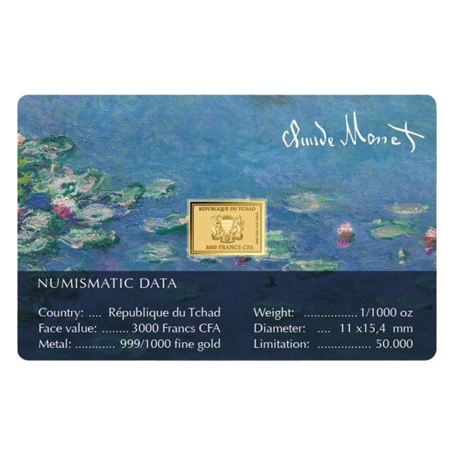 Monet Water Lillies 1/1000 Oz Gold Coin 3000 Francs Chad 2024