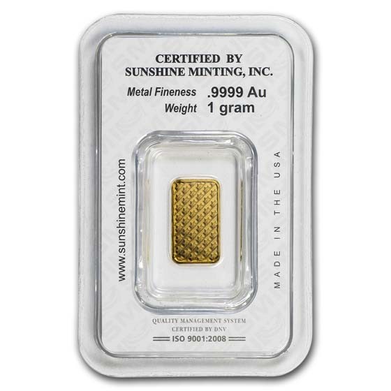 1 gram Gold Bar – Sunshine Minting (In TEP Packaging)