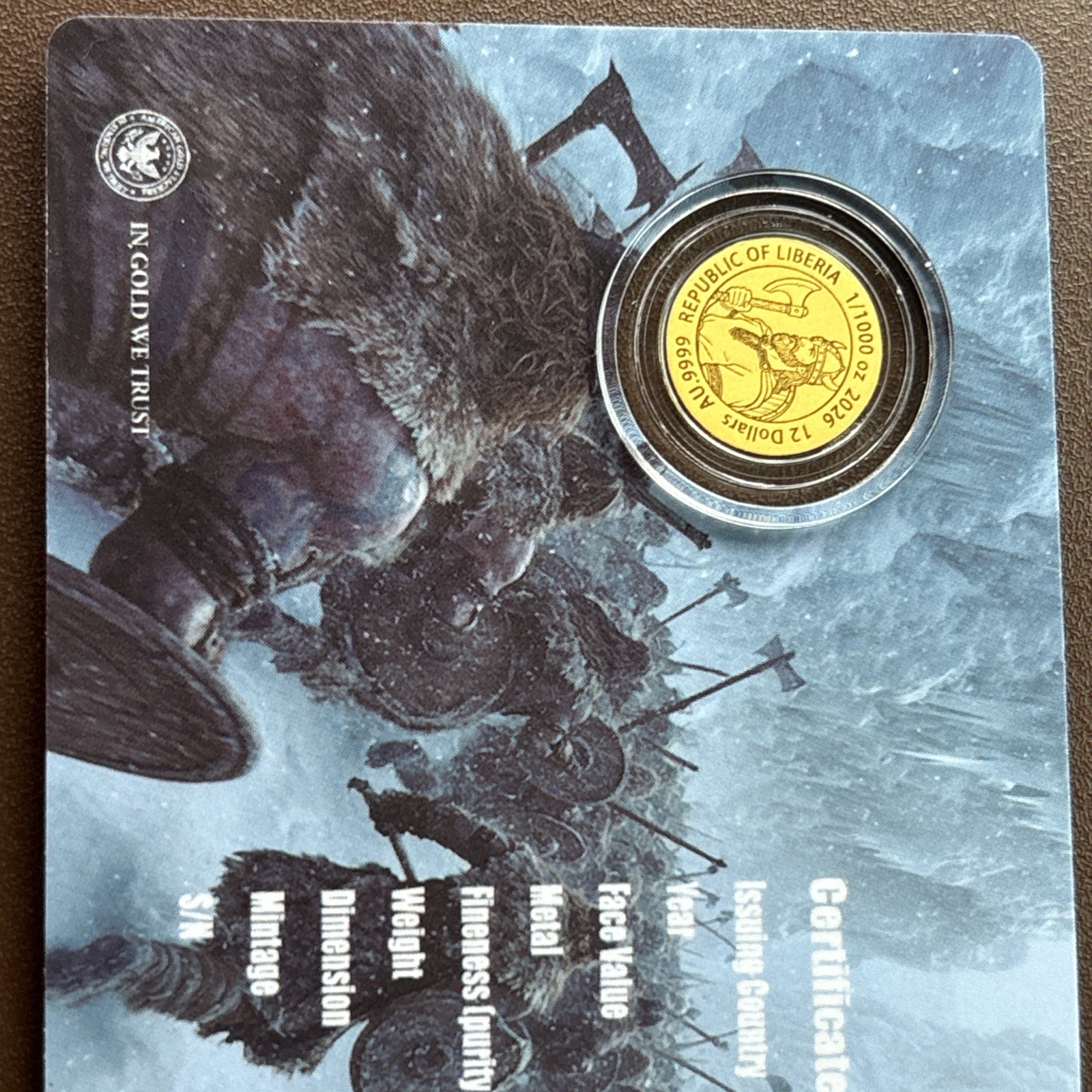 2026 Liberia Viking 1/1000 oz .9999 Gold Coin in Card (9,999 Mintage)