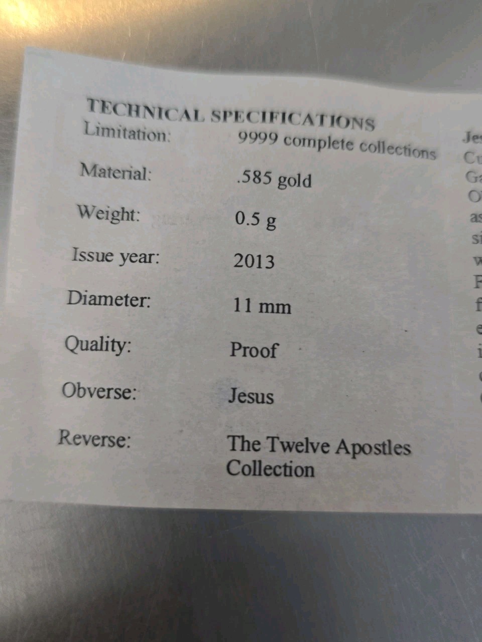 American Mint 0.5 Gram 14K Gold Proof The Twelve Apostles Collection