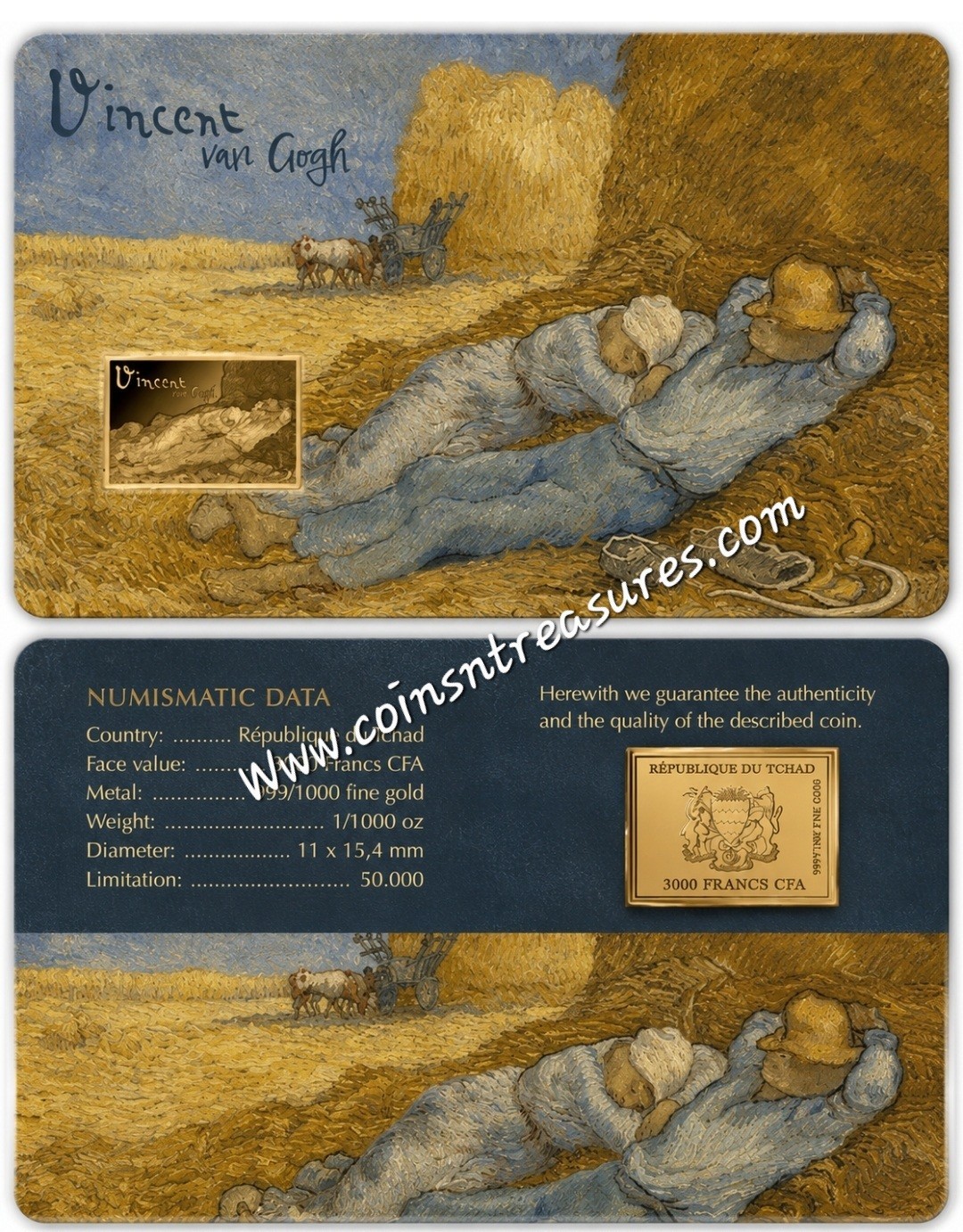 Van Gogh The Siesta 1/1000 Oz Gold 999 Coin card