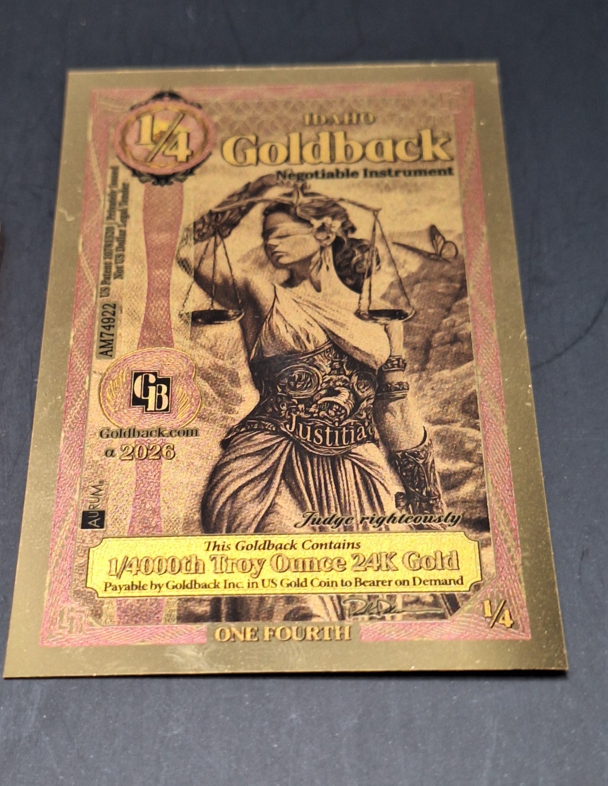 2 Idaho Goldback 1/4 Gold Notes & 1 Oz Copper Bar Random Design Metal Set