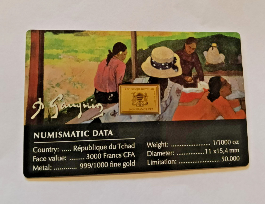 THE SIESTA BY PAUL GAUGUIN 1/1000th OZ GOLD COIN BAR a work of art in gold