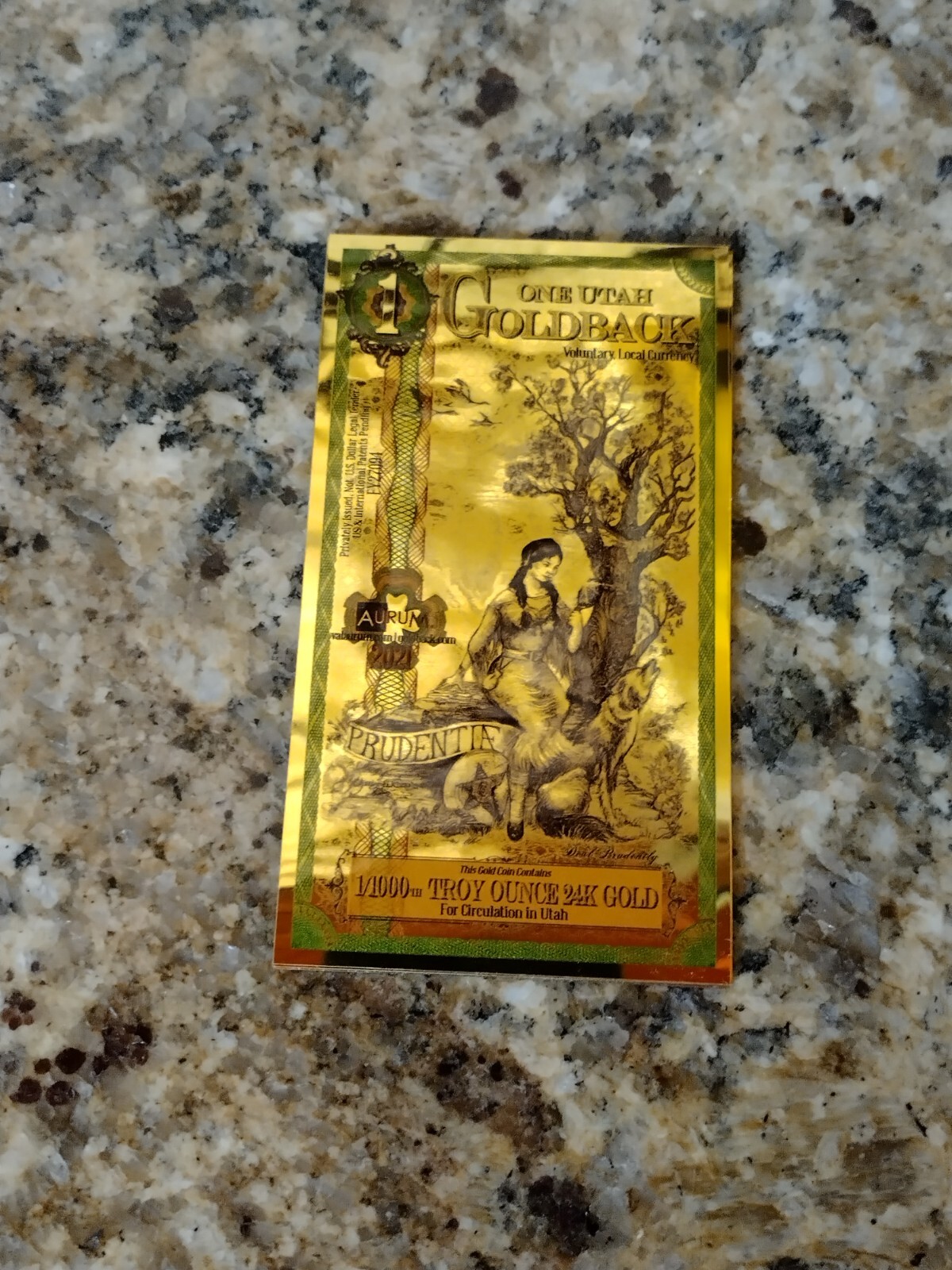 1 Utah Goldback -Aurum Gold Foil Note – 24K GOLD -1/1000 OZ GOLD