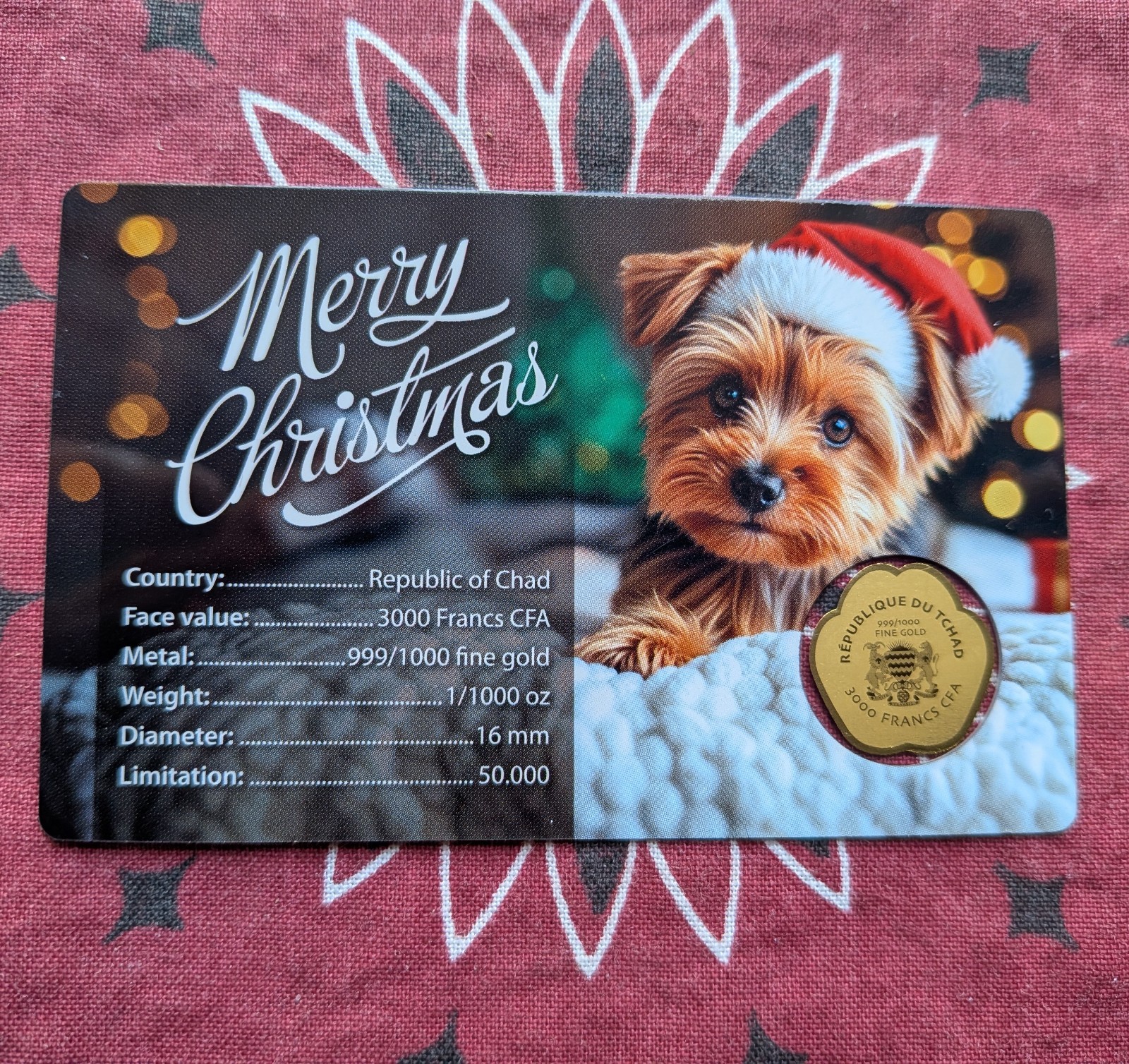 Chad Dog Paw Christmas Xmas 1/1000 Oz .999 Gold Coin in card 50k Mintage