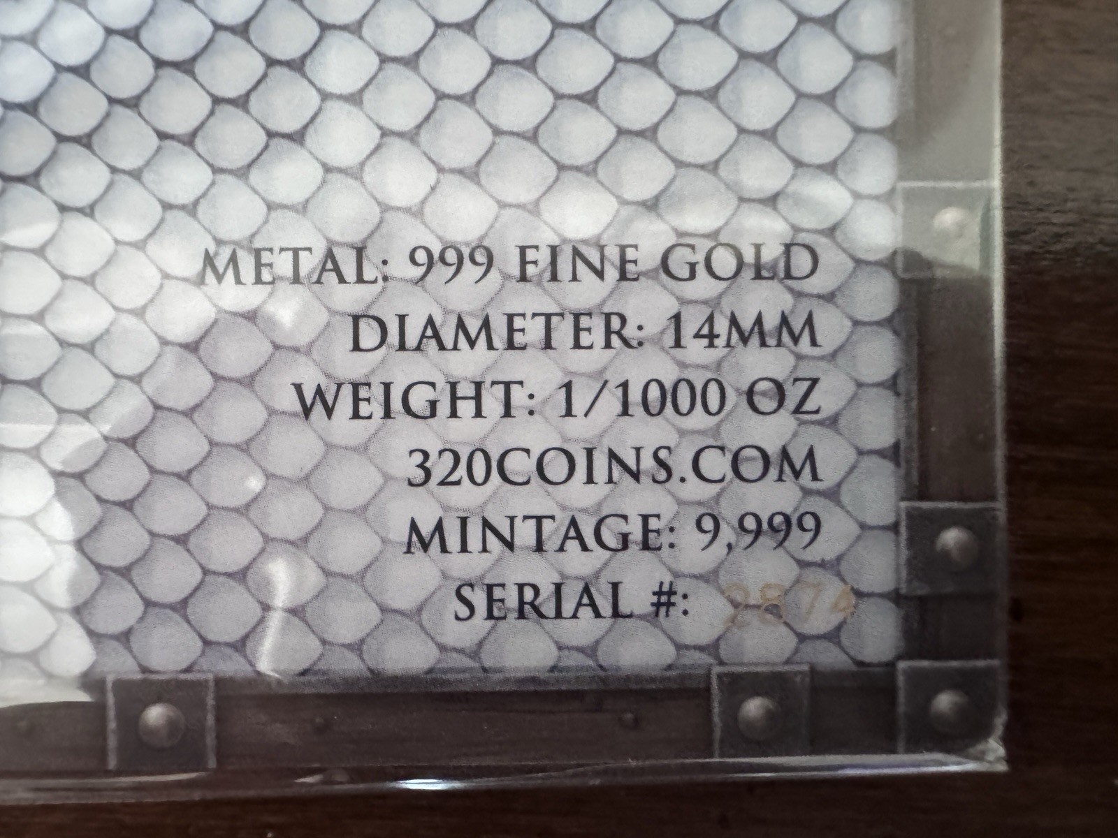 Ice Dragon 1/1000 oz Fine Gold Round in Card (9,999 Mintage) 320 Coins Mint