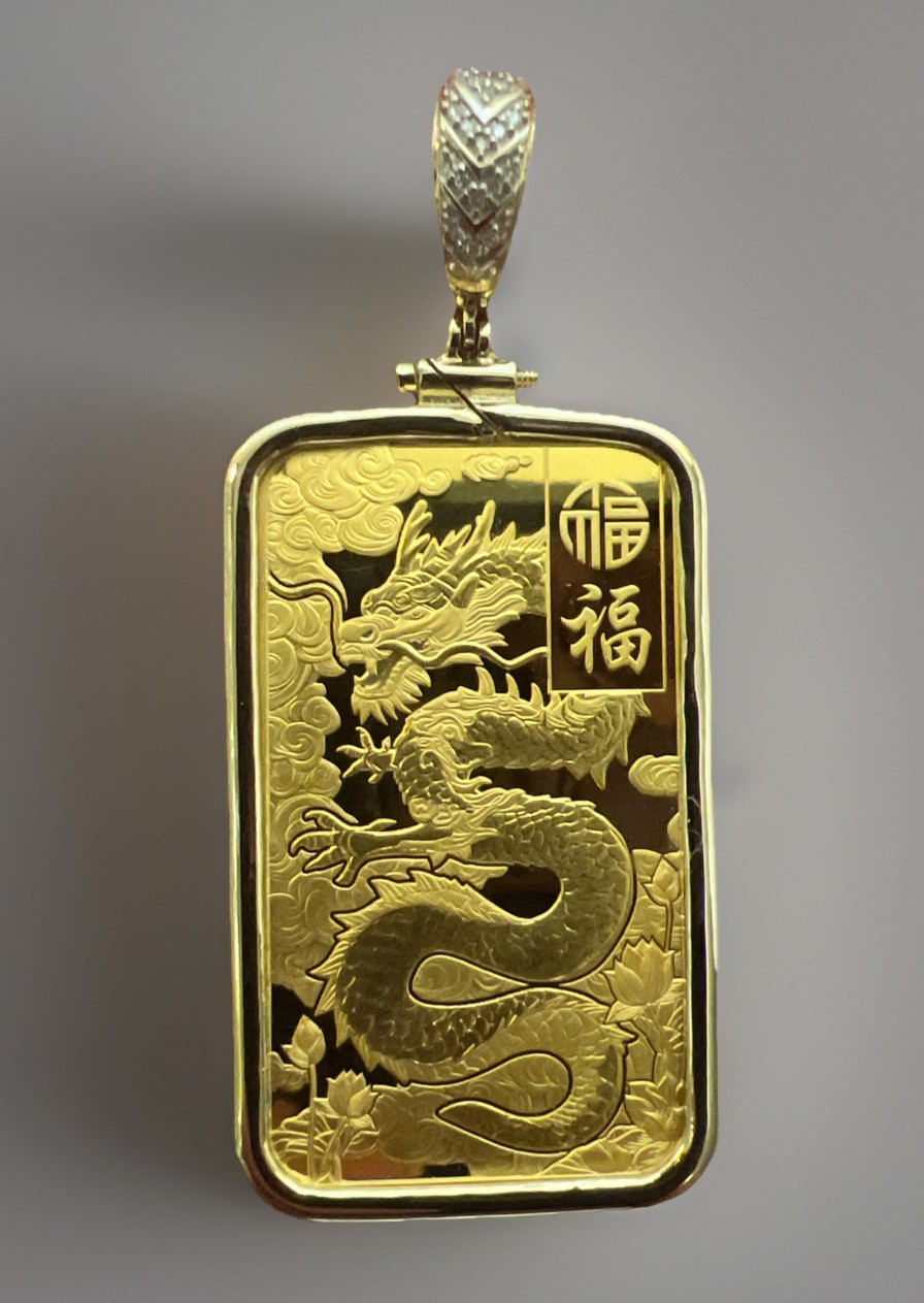 Pamp Good Luck Dragon 24K, 1 TROY OUNCE GOLD BAR & FREE WITH PURCHASE 14k BEZEL!