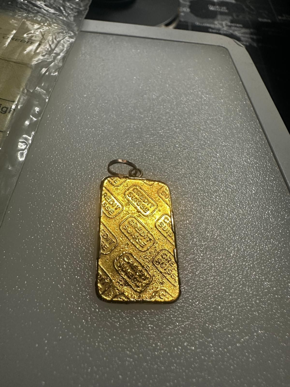 Vintage 1979 Credit Suisse 5g .9999 Gold Bar w/ Assay Cert & 14K Bezel Pendant