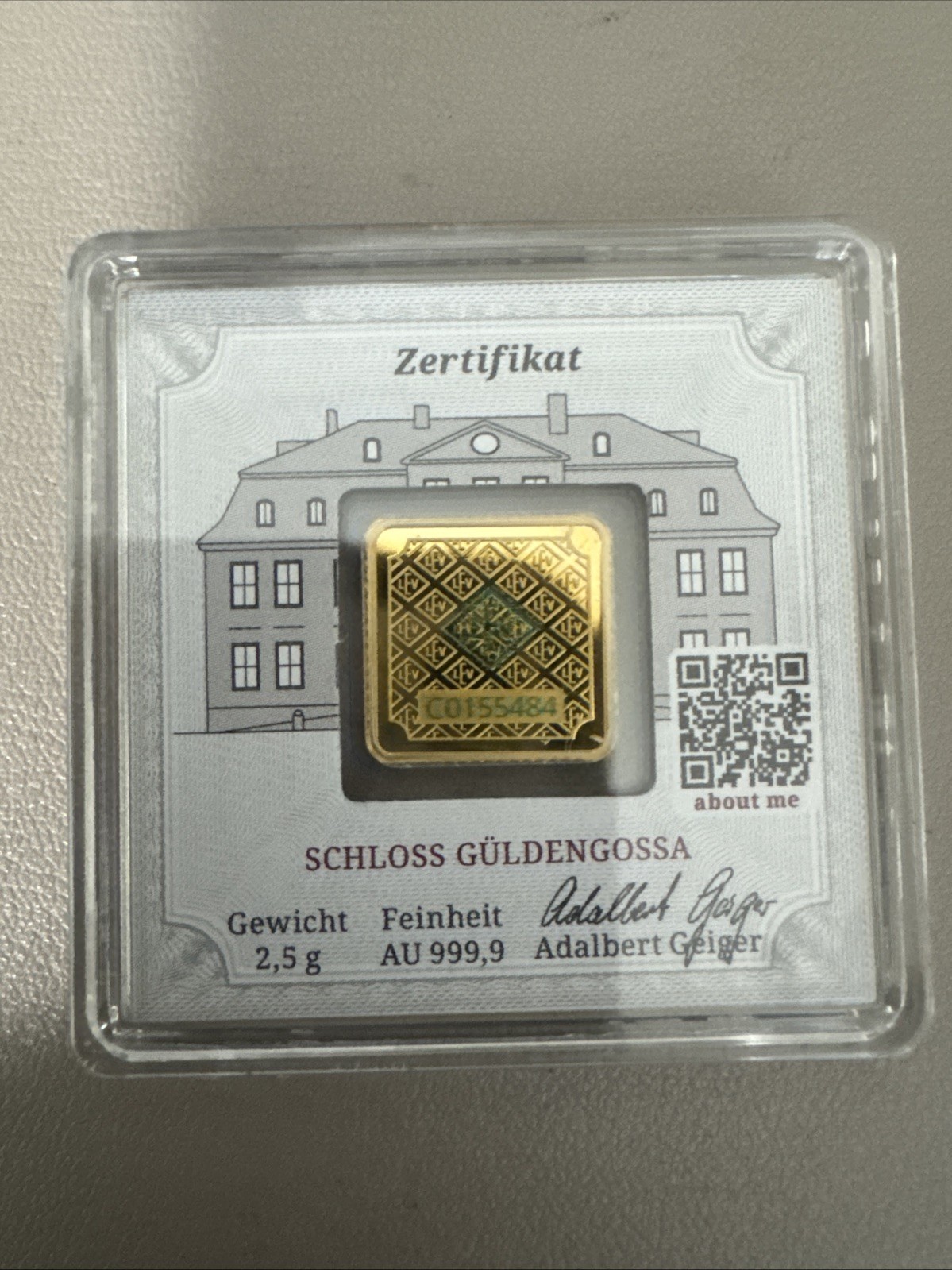 Geiger Edelmetalle 2.5g Gold Premium Square Bar .9999 Fine Assay In Capsule New