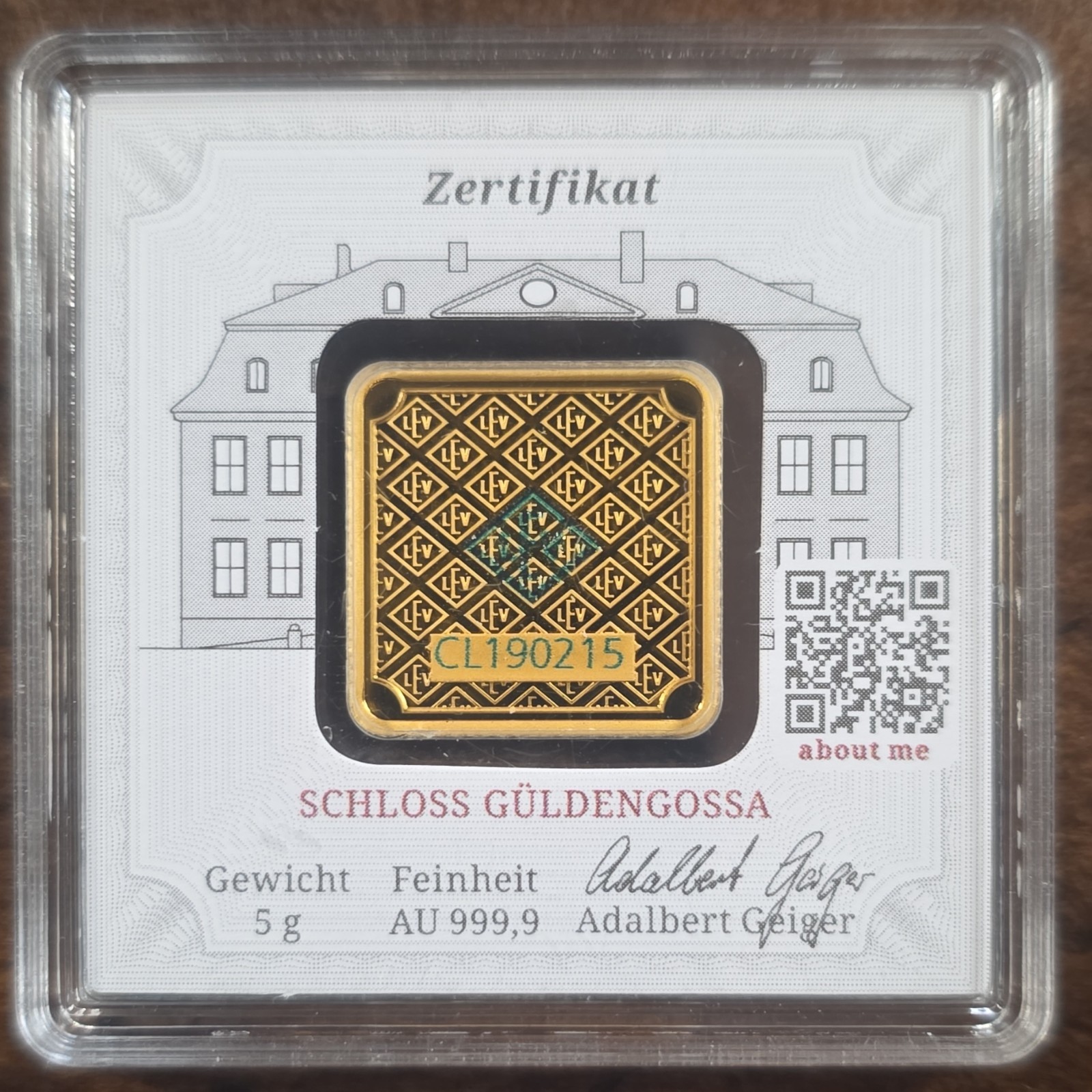 Geiger Edelmetalle 5g Gold Bar 0.9999 Fine Schloss Güldengossa in Assay