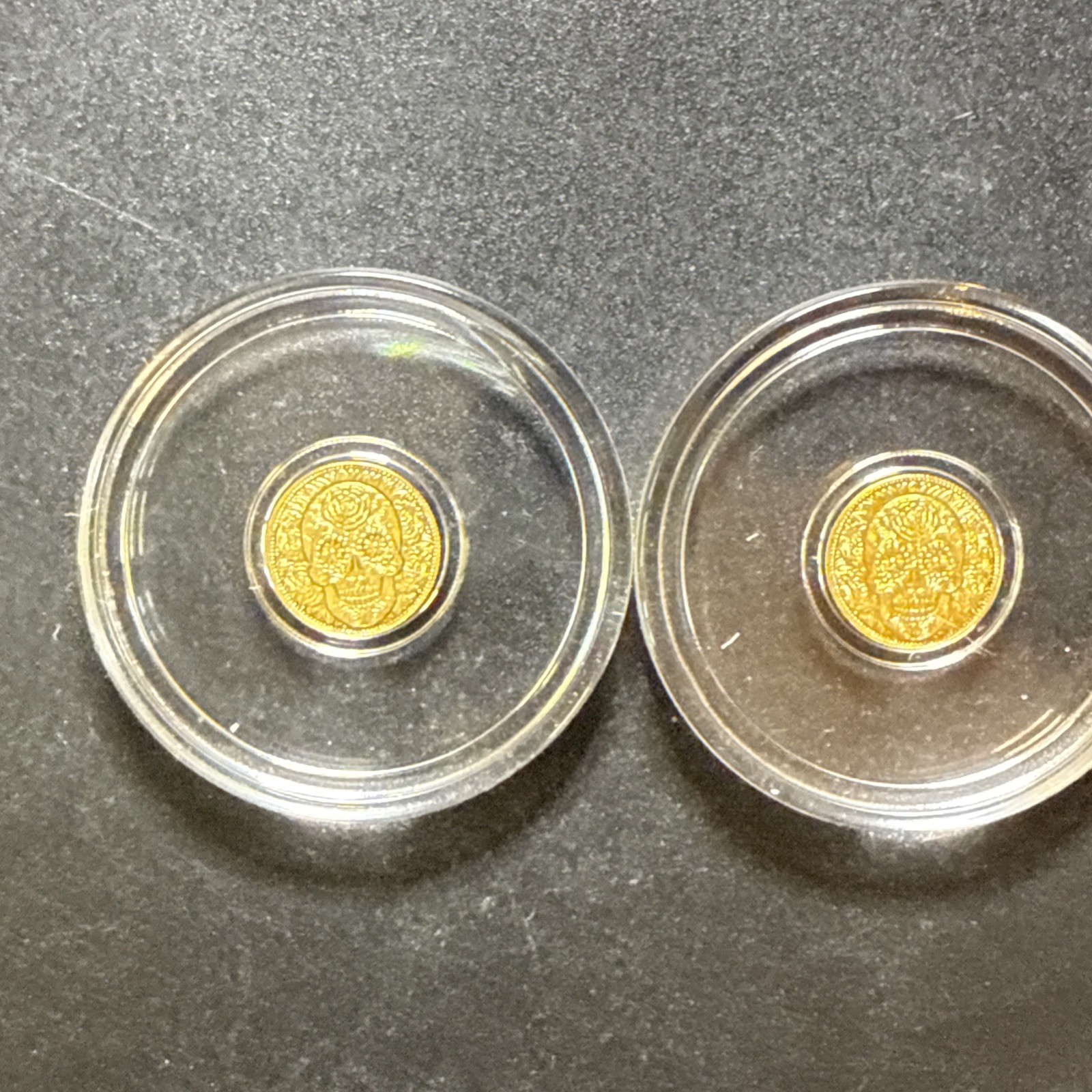 Lot Of 2- 1/200th oz .9999 Fine Gold Skull Dia De Los Muertos Fractional Gold