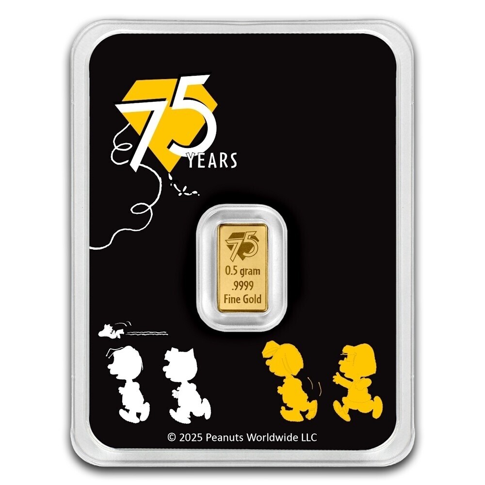 1/2 gram .9999 Fine Gold Pamp Bar – Peanuts® 75th Anniversary Peanuts