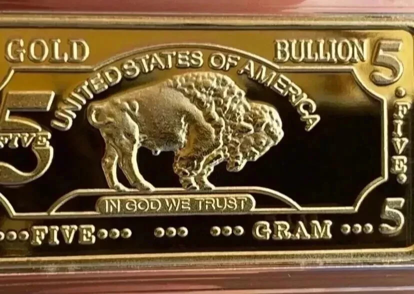 AMERICAN BUFFALO INGOT 5 GRAMS 100 MILLS GOLD PLATED FINE GOLD 999/1000