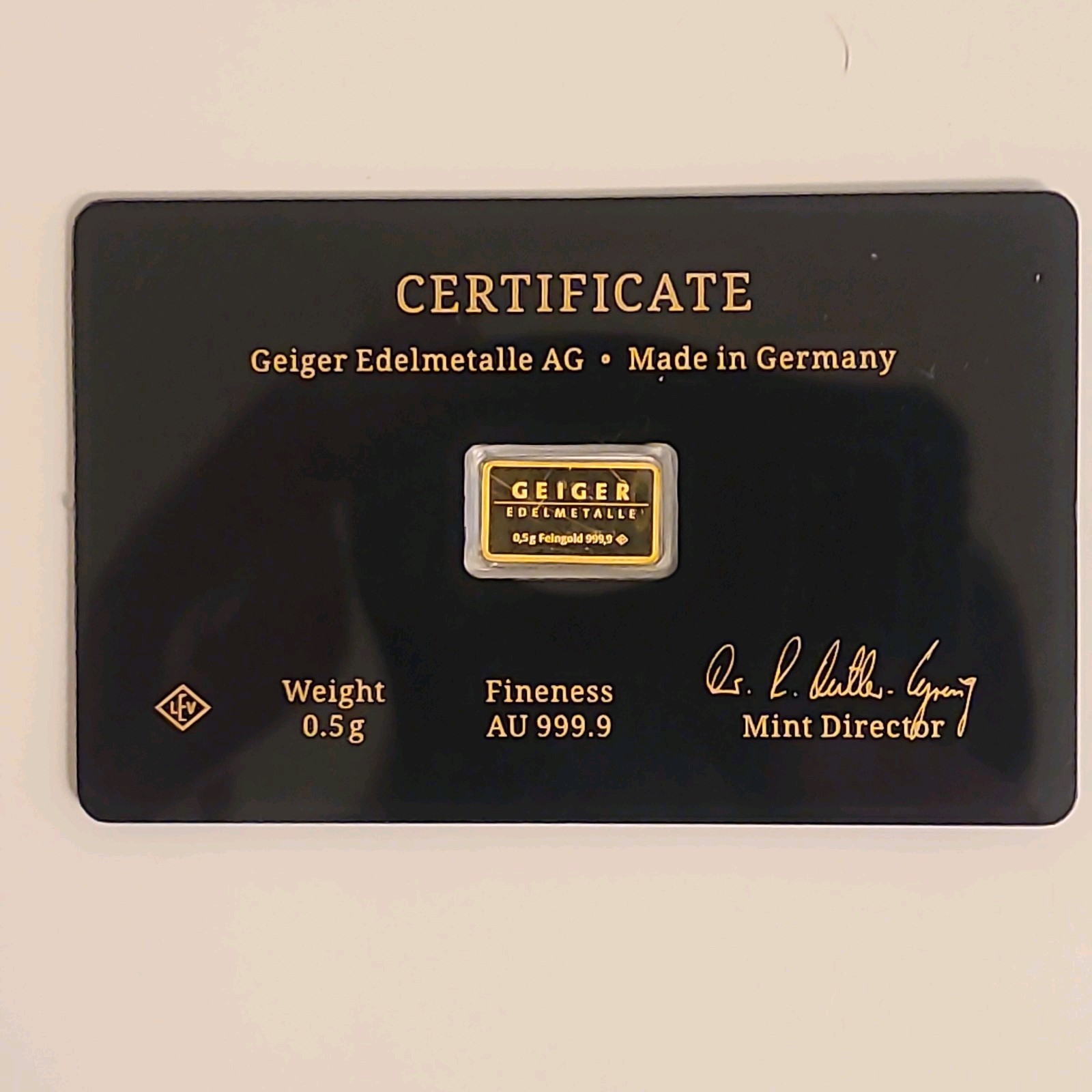 Geiger Schloss Guldengossa Vintage Edition Carded Gold Bar .5 Gram .999 Fine