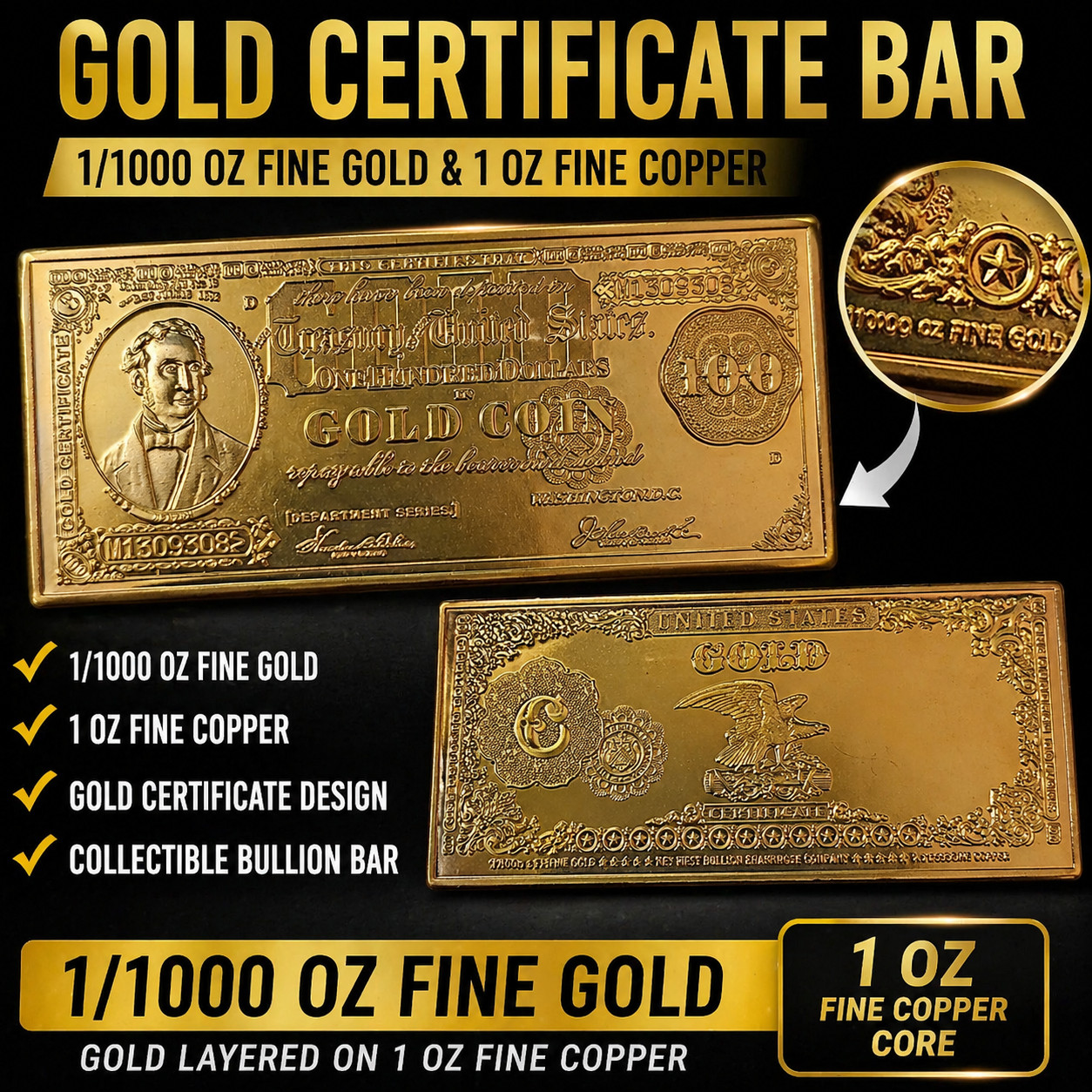 Gold Certificate Style Bullion Bar 1/1000 oz Gold & 1 oz Copper Collectible
