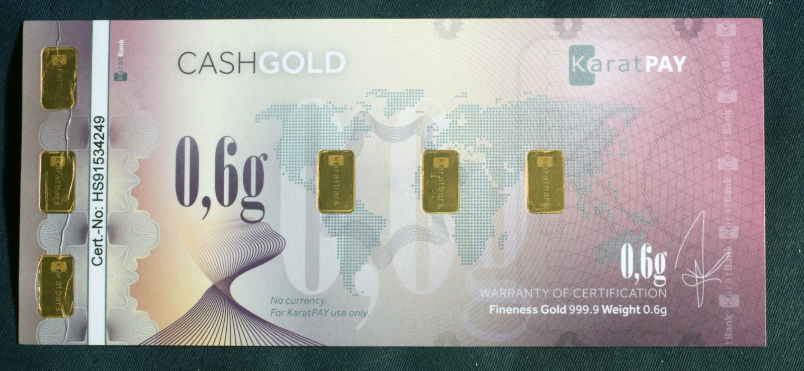 KARATBARS KARATPAY CASHGOLD .9999 FINE GOLD IN NOTES 1.3 GRAM (.1/.2/.4/.6)