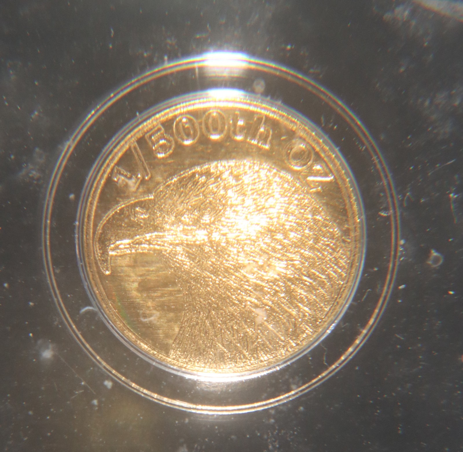 ND Eagle Head Round 1/500 oz .9999 Gold ICG MS70 Lot 160846
