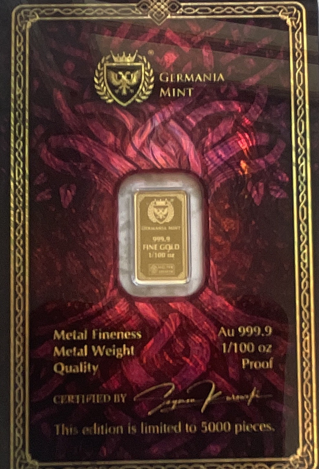 Germania Mint 1/100 oz Gold Bar 999.9 Fine Au Proof, 1/100 oz Total Gold