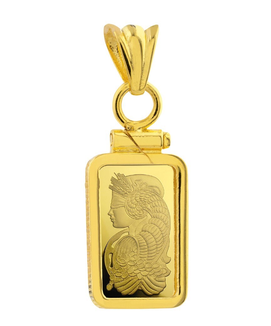 Pamp Suisse Fortuna 1 Gram Bar Pendant with 14K Gold Screw Top Plain Bezel