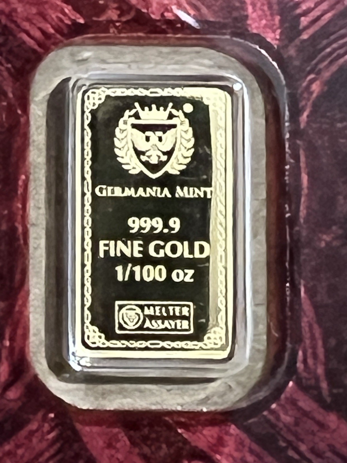 Germania Mint 1/100 oz Gold Bar In Assay 999.9 Fine Gold Frigg Bar